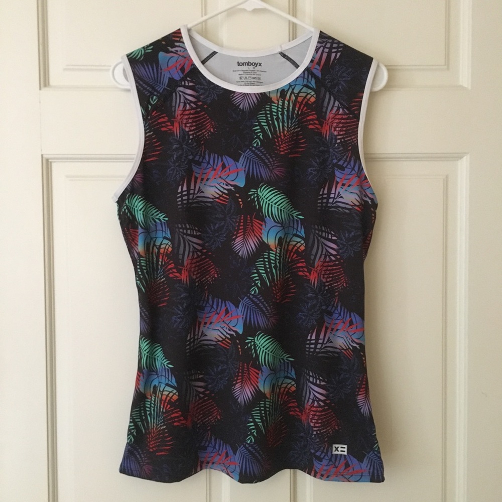 Tomboyx (L) Women's Tropical Leaf Print Swim Tank or Tank Top Black Sleeveless